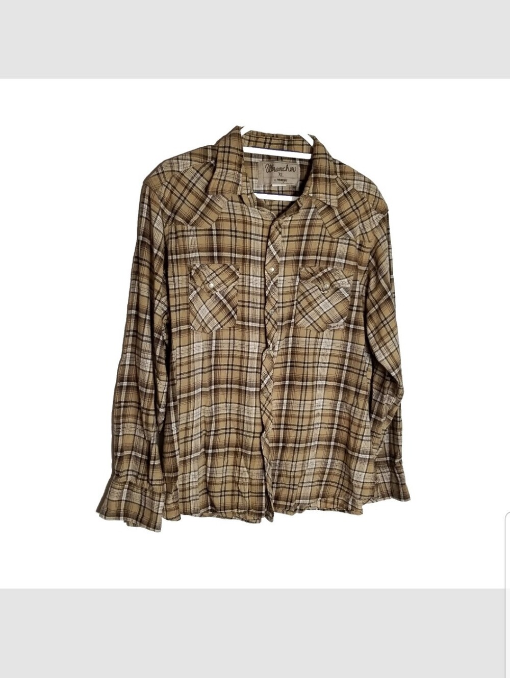 Wrangler Wrancher Flannel Shirt Men's XL Tan Plaid Pearl Snap Western Cowboy